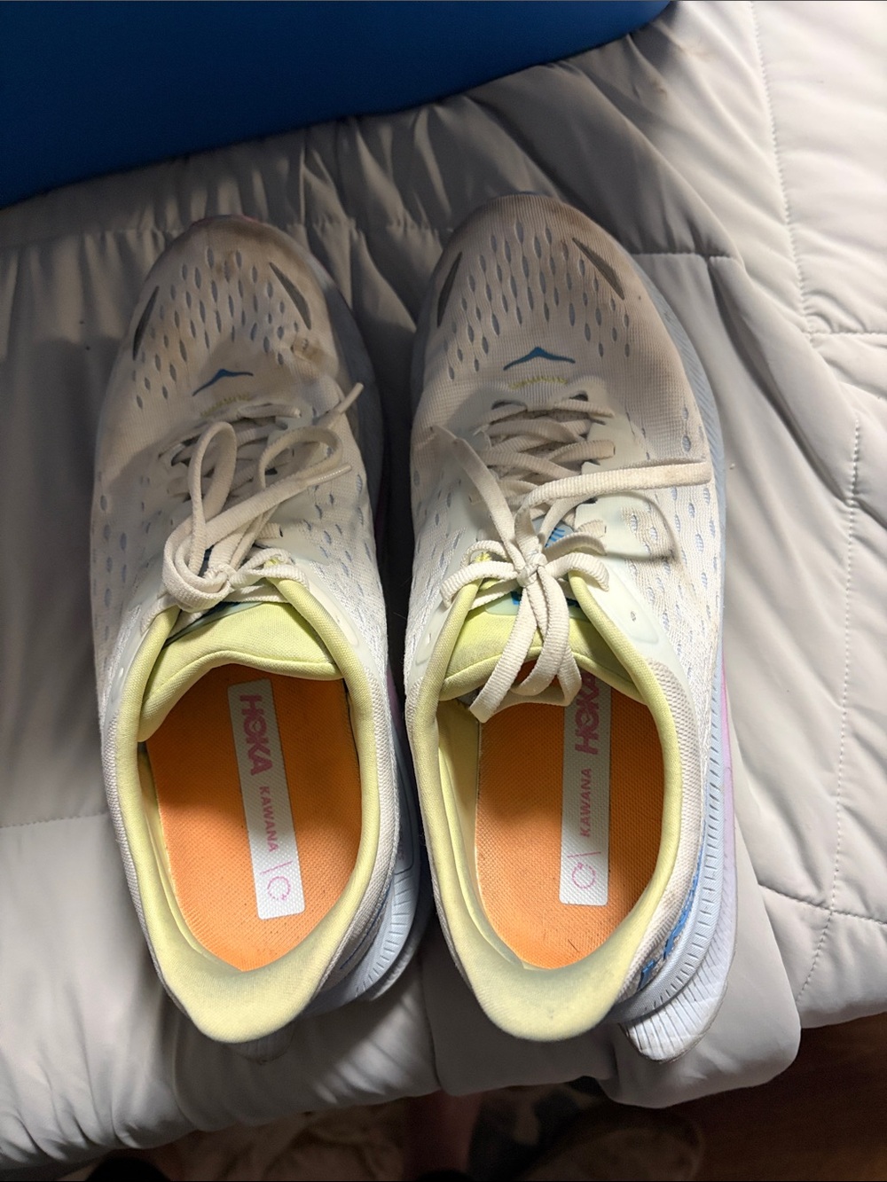 Hoka Kawana Womens Sneakers in White with Yellow and Blue Accents
